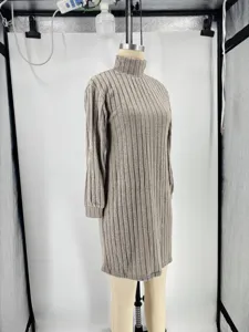 Women casual solid turtleneck long sleeve knit dress, winter ribbed sweater dress.
