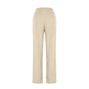 Detailed view of casual ribbed knit long trousers with elastic high waist design for daily use.
