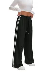 Women casual loose wide leg sweatpants with dual side stripes and adjustable drawstring waist.
