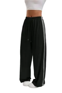 Women casual loose wide leg yoga sports sweatpants with drawstring and side double stripes detail