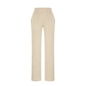 Ribbed knit long pants detail, casual solid color high waist trousers for autumn winter.