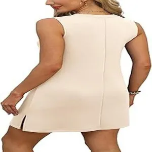 Detailed view of the elegant sleeveless V-neck solid color mini dress with a side split.