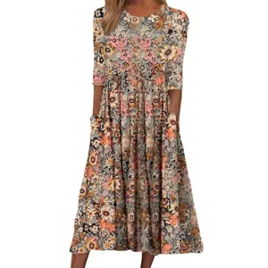 Blumenmuster loses Freizeit Midikleid mit rundem Hals und praktischen Taschen für Damen Alltag.