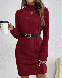 Burgundy turtleneck ribbed knit dress, long sleeves, slim fit with stylish black belt.