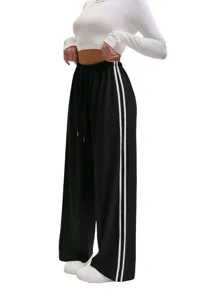 Women casual loose wide leg sweatpants with double side stripes and adjustable drawstring waist.