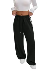 Women casual loose wide leg sweatpants with drawstring and side stripes for sports.