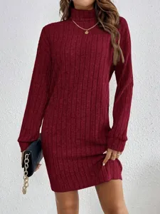 Close-up detail of the burgundy turtleneck ribbed knit dress, showing soft texture and cozy fit.