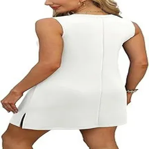 Solid white sleeveless dress for women, casual summer mini dress with hem slit and V-neck.