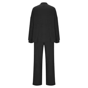Women ribbed loungewear set casual long sleeve top and long pants back view solid color