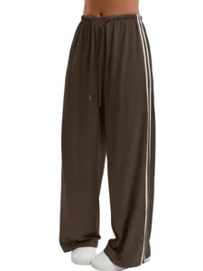 Women casual loose wide leg sweatpants dark brown double side stripes high waist drawstring detail