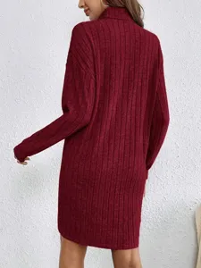 Detailed view of the women's solid ribbed turtleneck long sleeve sweater dress in burgundy.