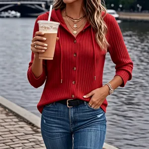 Stylish women's red long sleeve hooded ribbed knit top with button front casual streetwear.