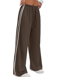 Women casual loose wide-leg sweatpants with drawstring and double side stripes for yoga sports.