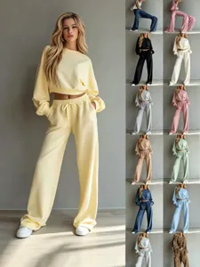 Women Casual Solid Color Long Sleeve Hoodie And Wide Leg Pants Set Minimalist Fashion Sweatshirt Outfit