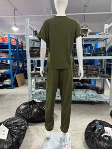 Army green lounge set for women, featuring a solid color short sleeve top and matching casual pants.
