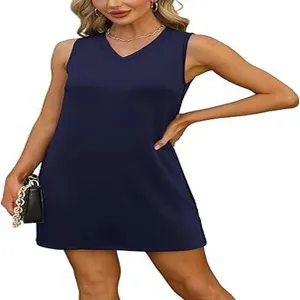 Navy blue V-neck sleeveless solid color tank dress model detail view, casual mini apparel style.