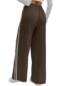 Casual wide leg pants with side stripes and drawstring for women, loose fit lounge trousers.