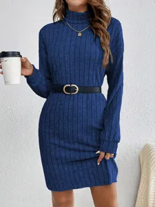 Solid color turtleneck long sleeve knit dress for women autumn winter fashion casual style detail view.