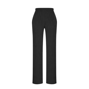 Detail view of dark grey ribbed knit trousers, soft texture, comfortable casual daily wear.
