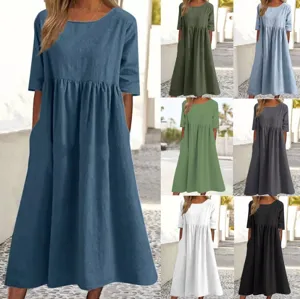 Vista detallada de las variantes de color para el vestido midi de algodón y lino casual.