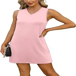 V-neck sleeveless solid color tank dress, casual mini dress for women summer fashion style.