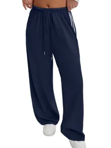 Women's casual loose wide leg yoga sweatpants with drawstring and side dual white stripes.