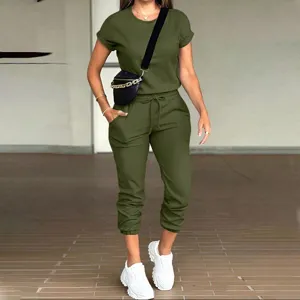 Army green solid round neck short sleeve top and pocket joggers casual two piece set for women