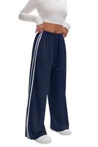 Women casual navy blue wide leg sweatpants with dual side stripes and drawstring high waist.