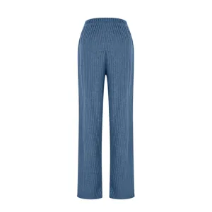 Blue rib knit long pants detail view, casual solid color trousers for autumn and winter daily wear.