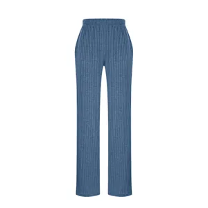 Women blue ribbed knit casual trousers high waist elastic long pants autumn winter new