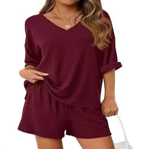 Summer women solid color V-neck short sleeve top and shorts two piece lounge set main view
