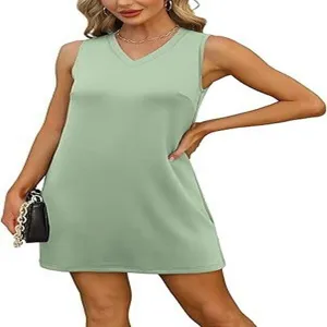 Detail view of the elegant light green V-neck sleeveless mini tank dress for women.