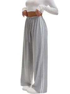 Women casual grey loose wide leg sweatpants with white double side stripes and drawstring.