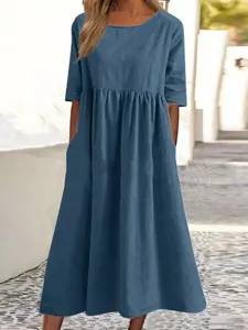 Vestido Maxi Largo Casual Holgado de Color Sólido en Mezcla de Lino para Mujer Cuello Redondo Media Manga Ropa de Vacaciones