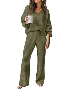 Women ribbed knit lounge set solid color V-neck long sleeve top and wide leg pants autumn
