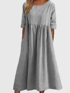 Vestido largo informal de algodón y lino liso, cuello redondo, manga media, talla grande.