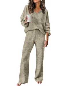 Women ribbed knit lounge set V neck long sleeve pullover and wide leg pants casual two piece