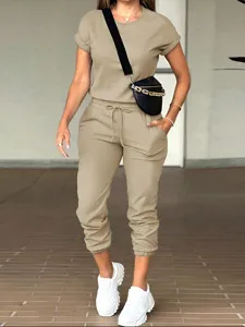 Women's Casual Solid Color Long Sleeve Crew Neck T-Shirt And Drawstring Pocket Sweatpants Set Tracksuit