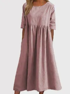 Vestido midi casual holgado de algodón y lino para mujer, cuello redondo, manga media.