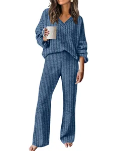 Women Ribbed Knit Loungewear Set Autumn Casual V-Neck Long Sleeve Top and Pants Two Piece Outfit