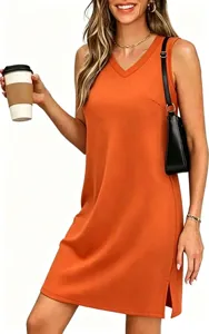 Chic V-neck sleeveless solid color tank dress with side slit, perfect for casual summer.
