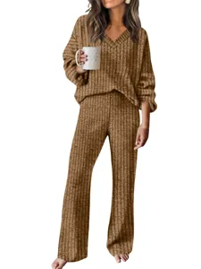 Women's ribbed knit lounge set V-neck long sleeve sweater and wide leg pants autumn winter outfit