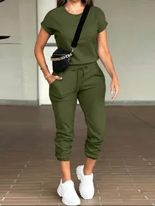 Womens casual solid color short sleeve top and jogger pants set with pockets daily wear.