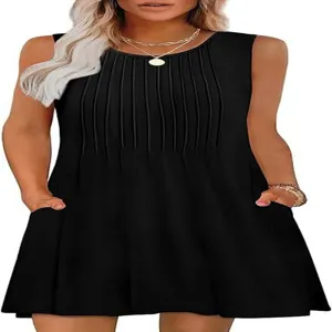 Detailed view of a sleeveless pleated tank dress with practical pockets for casual wear.