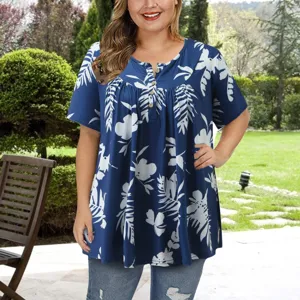 Plus size blue floral print short sleeve v-neck button up casual blouse for women.