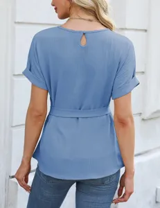 Back view detail of casual short sleeve blouse featuring keyhole back and waist tie belt.