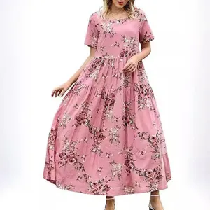 Summer casual floral print tiered maxi dress with short sleeves and comfortable loose fit for women.