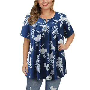 Details of the plus size casual V-neck short sleeve button blouse with blue floral print.