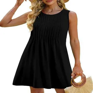 Black sleeveless pleated mini dress for women, casual round neck summer party dress.