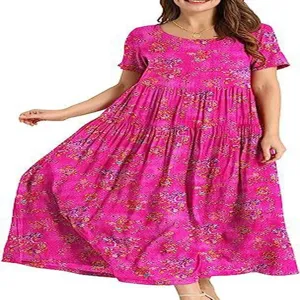 Summer casual floral maxi dress for women, comfortable loose tiered short sleeve beach dress.